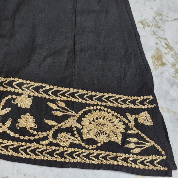 Roller Rabbit Embroidery Maxi Dress XS Black Gold 3/4 Sleeve Pocket Slits Kaftan - Picture 6 of 12